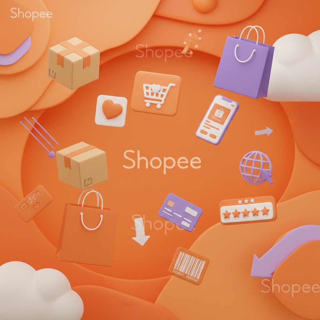 Elementos 3D flutuantes relacionados a compras online, como caixas, sacolas, carrinho, smartphone e cartão de crédito, sobre um fundo laranja com a marca Shopee.
