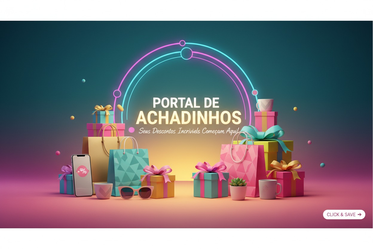 Banner promocional com o texto "Portal de Achadinhos" cercado por caixas de presente, sacolas de compras, um smartphone e objetos decorativos sobre um fundo colorido com iluminação neon.
